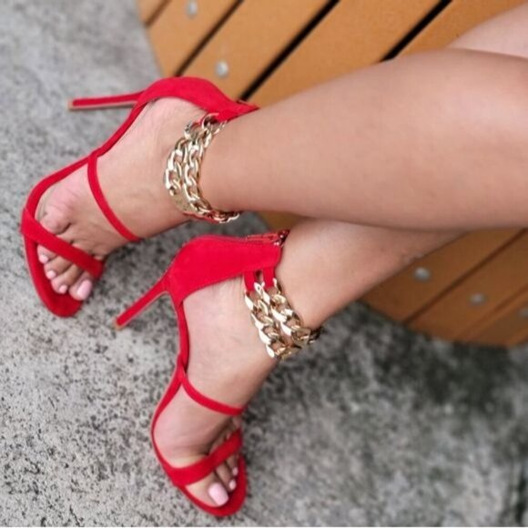Red Two Part Stiletto Heeled Chain Sandals - Picture 3 of 7